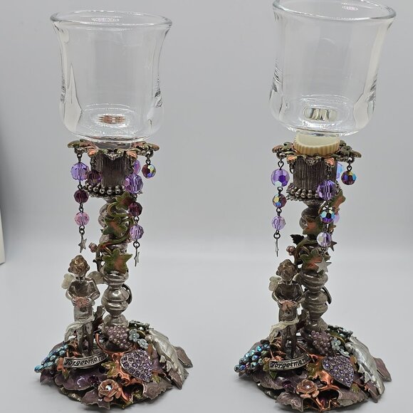 Vintage Kirks Folly Silver Enamel Jeweled Forget Me Not Votive Candle Holder Set - Picture 1 of 15